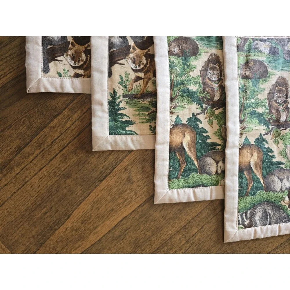 Vintage Woodland Forest Animal Placemats Set of 4 Deer Wolf Fox Raccoon Rabbit